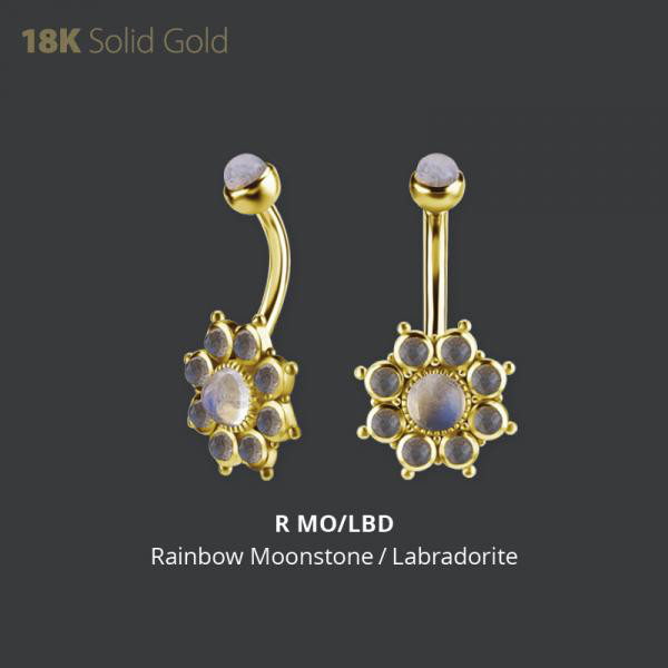 18K GOLD INT. THREADED BANANA SET W. GENUINE RAINBOW MOONSTONE & LABRADORITE