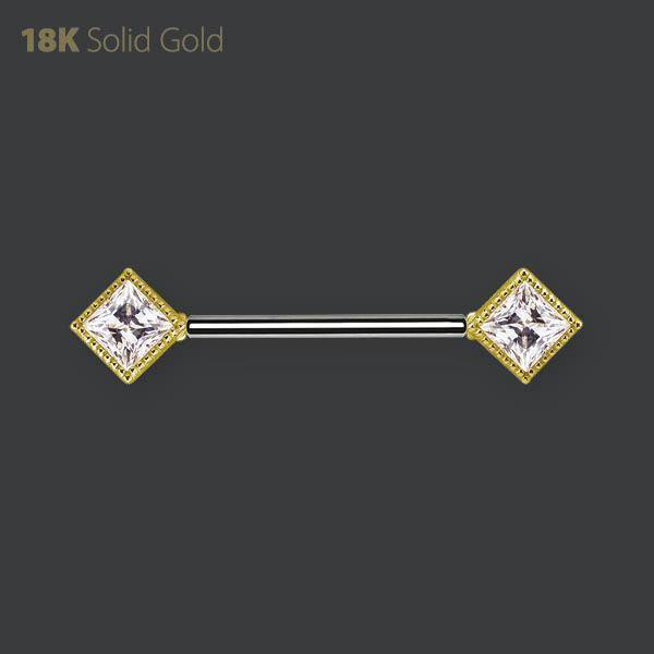 18K GOLD AND TITANIUM THREADLESS NIPPLE BARBEL SET WITH PREMIUM ZIRCONIA
