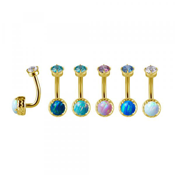 24K GOLD PVD SS316L INTERNAL ROOK BANANA SET W.LAB CREATED OPAL W.PREMIUM ZIRCONIA TOP BALL 3MM