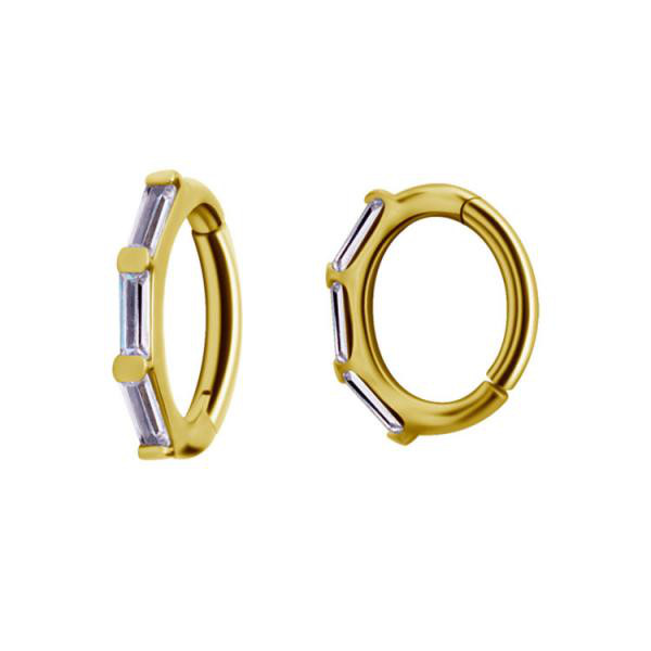 24K GOLD PVD SS316L ROOK OVAL HINGED CLICKERS SET W. CUBIC ZIRCONIA BAGUETTES