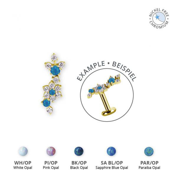 18K GOLD PVD CoCr NF THREADLESS FLOWER ATT. SET W. LAB CREATED OPALS