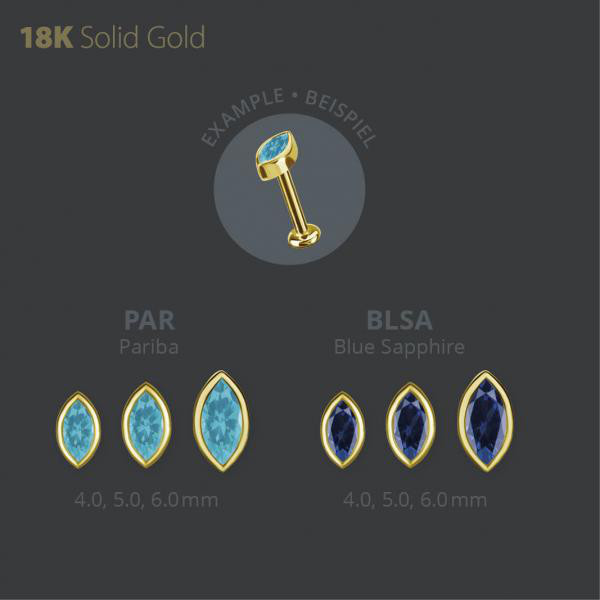 18K GOLD INTERNAL ATTACHEMENT BEZEL SET W. MARQUISE LAB CREATED GEMSTONE