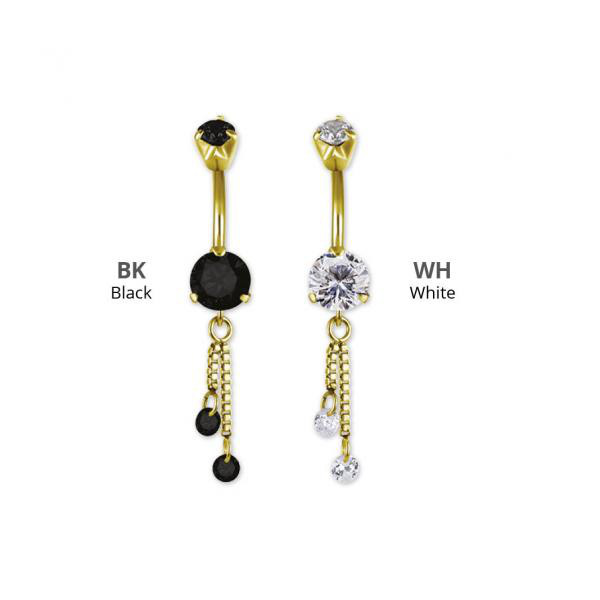GOLD PVD SS316L DJ MINI BELLY BANANA W. CHAIN FLOATING ZIRCONIA DANGLE