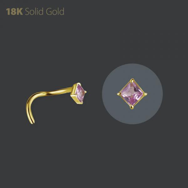 18K GOLD NOSE STUD SET W. GENUINE PINK SAPPHIRE