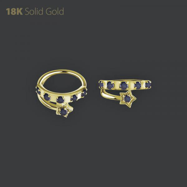18K GOLD HINGED SEGMENT CLICKER SET W. GENUINE DIFFUSION SAPPHIRE