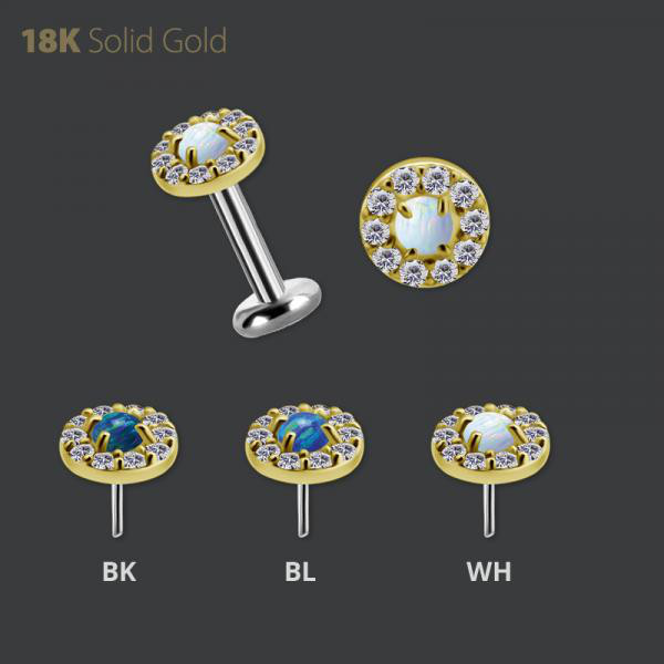 18K GOLD THREADLESS MICRO ATT. SET W. LAB CREATED OPAL AND PREMIUM ZIRCONIA