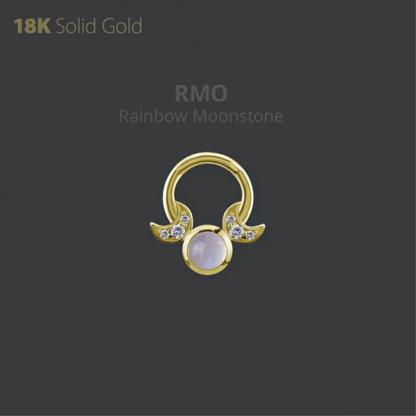 18K GOLD DAITH & SEPTUM CLICKER SET W. GENUINE RAINBOW MOONSTONE AND WHITE TOPAZ