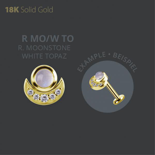 18K GOLD THREADLESS ATTACHMENT SET W. GENUINE RAINBOW MOONSTONE AND WHITE TOPAZ
