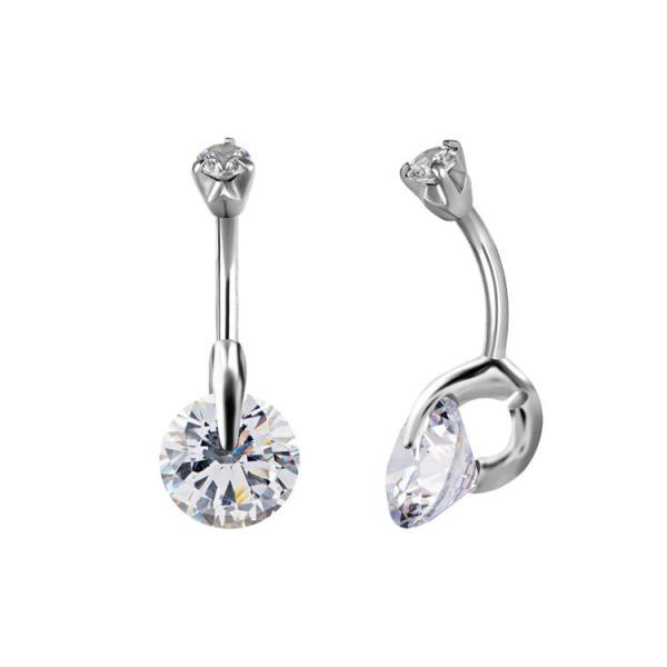 SS316L DOUBLE JEWELLED BELLY BANANA W. SOLITAIRE ROUND SETTING CUBIC ZIRCONIA