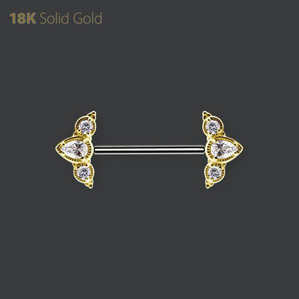 18K GOLD AND TITANIUM THREADLESS NIPPLE BARBEL SET WITH PREMIUM ZIRCONIA