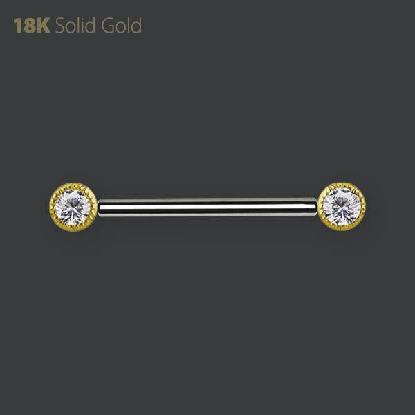 18K GOLD AND TITANIUM THREADLESS NIPPLE BARBEL SET WITH PREMIUM ZIRCONIA