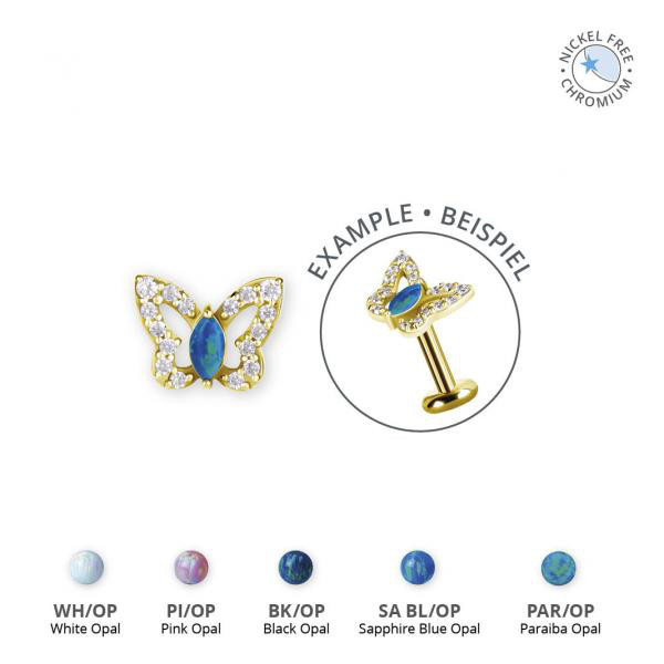 18K GOLD PVD CoCr NF THREADLESS BUTTERFLY ATT. SET W. LAB CREATED OPALS