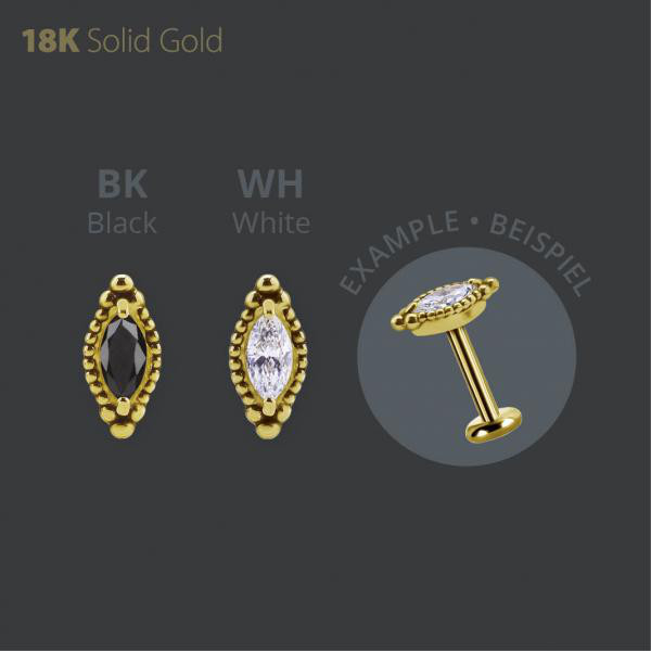 18K GOLD THREADLESS ATTACHMENT SET W. MARQUISE SHAPE PREMIUM ZIRCONIA