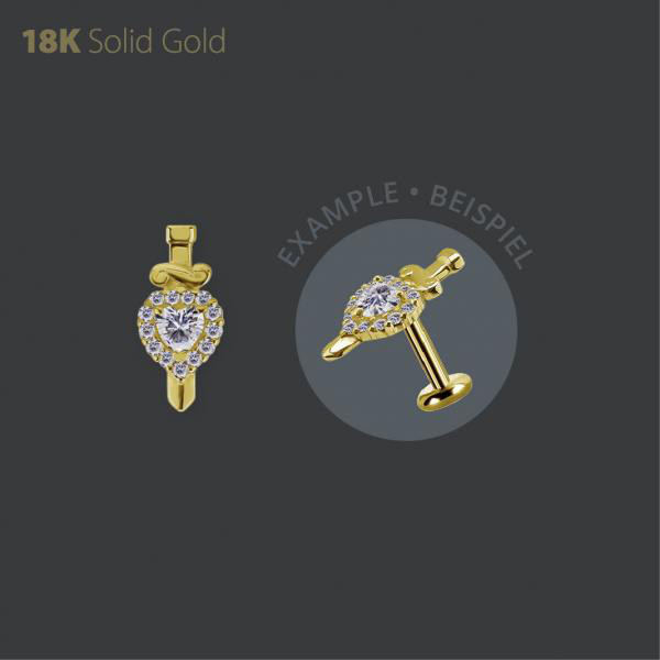 18K GOLD THREADLESS DAGGER ATTACHMENT SET W. HEART SHAPE PREMIUM ZIRCONIA