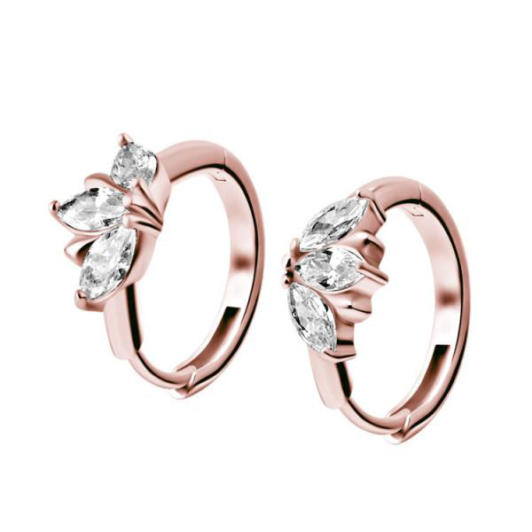 ROSE GOLD PVD SS316L EARHOOPS SET W. MARQUISE CUBIC ZIRCONIA (PAIR)