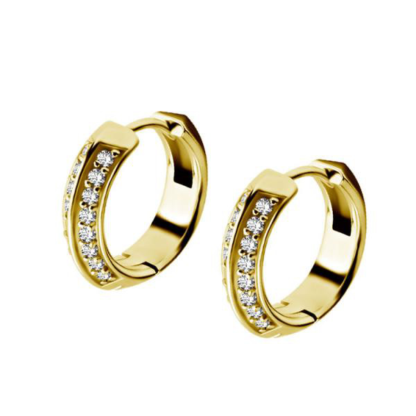 24K GOLD PVD SS316L EARHOOPS SET W. 2 ROWS CUBIC ZIRCONIA (PAIR)