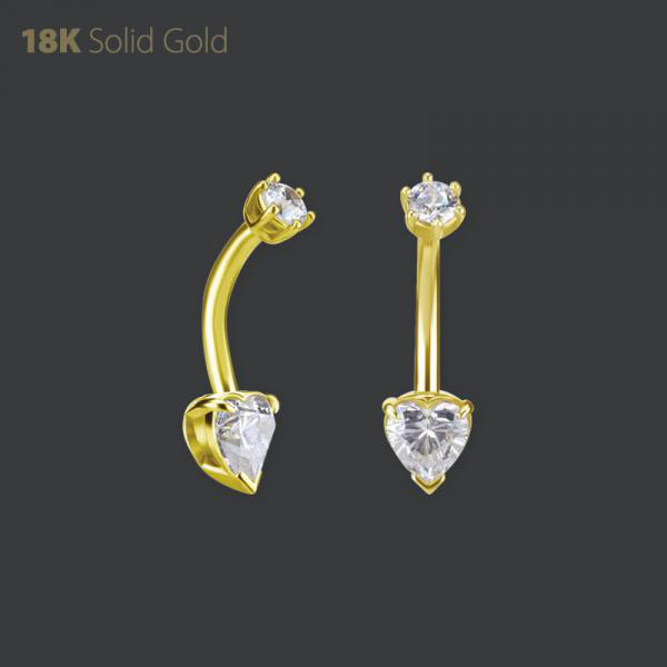 18K GOLD INTERNAL NAVEL BANANA SET W. HEART SHAPE PREMIUM ZIRCONIA