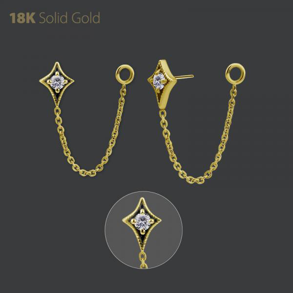 18K GOLD THREADLESS ATT. W. CHAIN SET W. PREMIUM ZIRCONIA