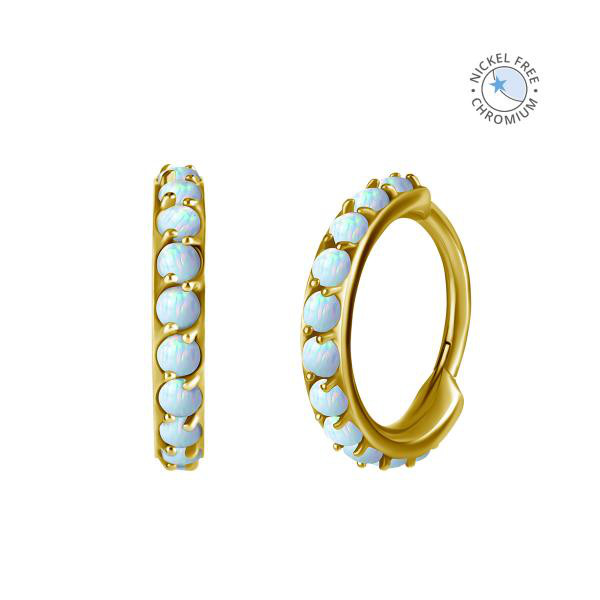 18K GOLD PVD CoCr NF HINGED CLICKERS SET W. LAB CREATED OPAL