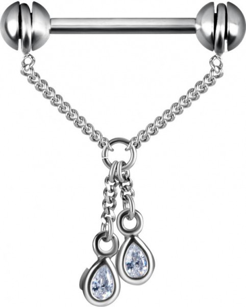 SS316L FREE ROTATING NIPPLE CHAIN BARBELL SET W. CUBIC ZIRCONIA