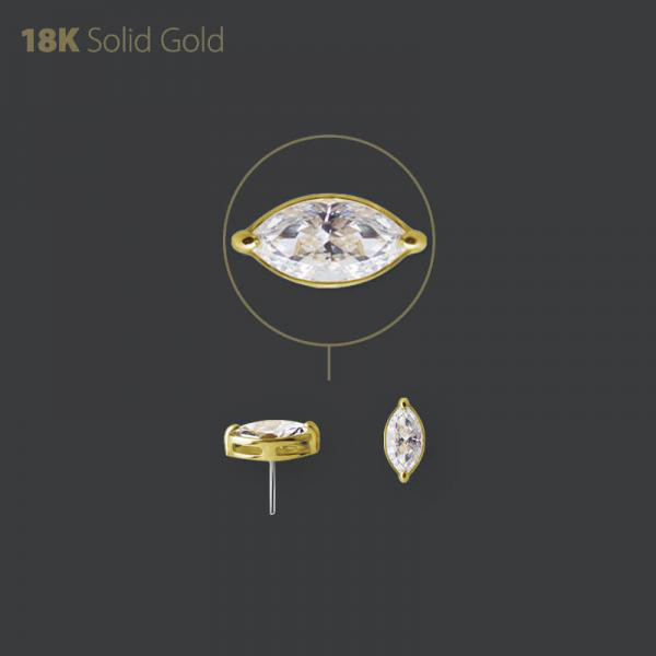 18K GOLD THREADLESS ATTACHMENT SET W. MARQUISE SHAPE PREMIUM ZIRCONIA