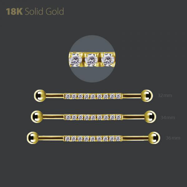 18K GOLD INTERNAL INDUSTIAL BARBEL SET WITH PREMIUM ZIRCONIA