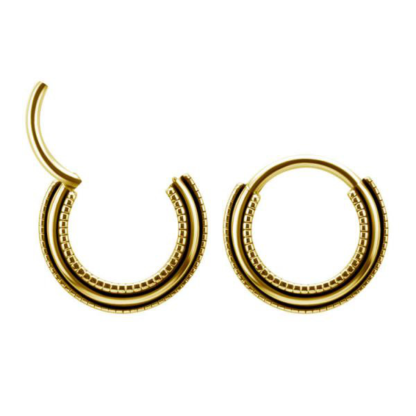 24K GOLD PVD SS316L TRIBAL CLICKER 3ROWS SLANTED W. MICRO GRANULATION,OXIDIZED