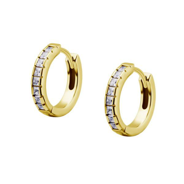 24K GOLD PVD SS316L EAR HOOPS SET W. SQUARE CUBIC ZIRCONIA (BY PAIR)