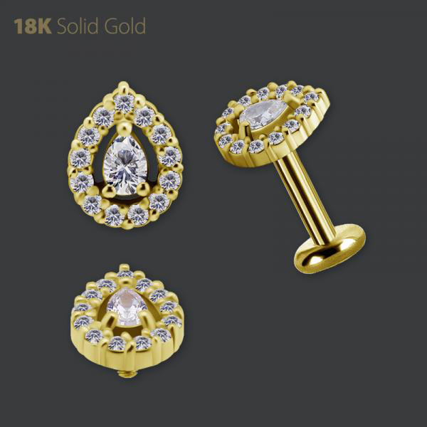 18K GOLD INTERNAL MICRO ATTACHMENT SET W. PEAR SHAPE PREMIUM ZIRCONIA