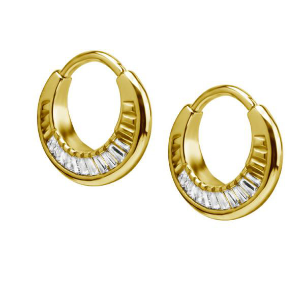 24K GOLD PVD SS316L EARHOOPS SET W. TAPPERED BAGUETTE (PAIR)