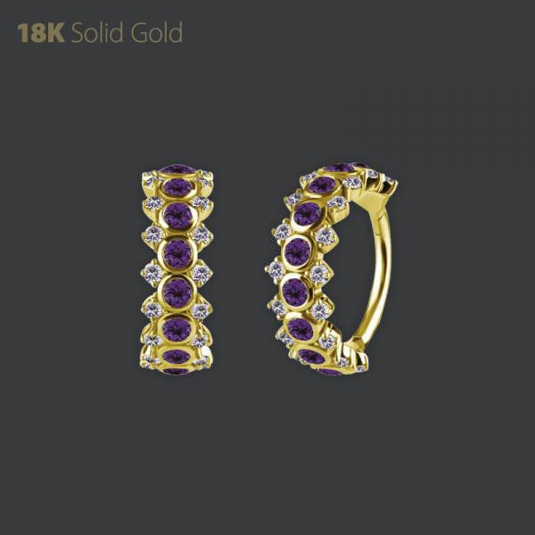 18K GOLD HINGED SEGMENT CLICKER SET W. GENUINE DARK AMETHYST AND WHITE TOPAZ