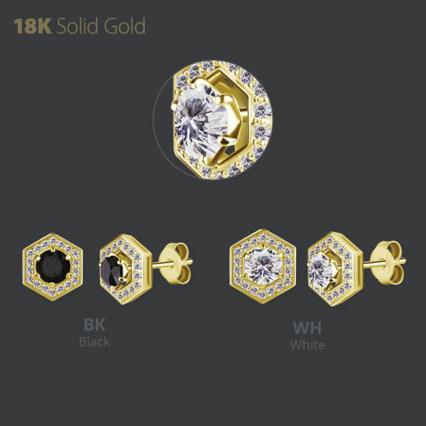 18K GOLD EAR STUD W. DETACHABLE PAVE DISC SET W. PREMIUM ZIRCONIA