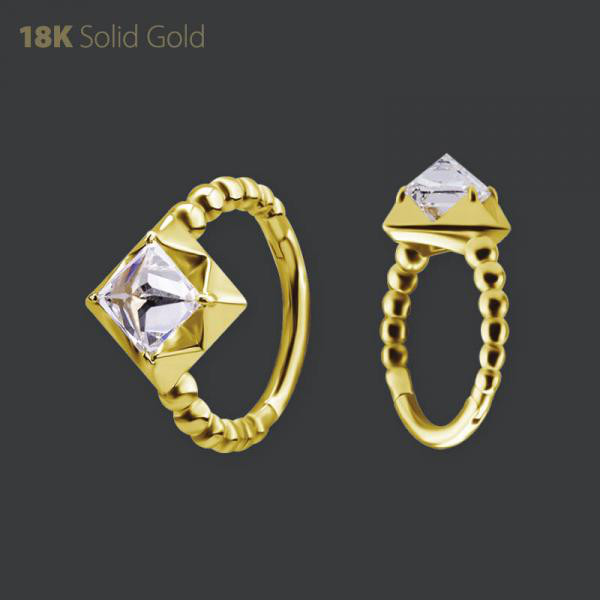 18K GOLD HINGED SEGMENT CLICKER SET W. PRINCESS CUT PREMIUM ZIRCONIA