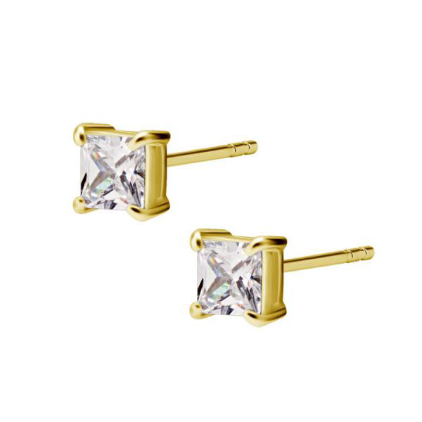 24K GOLD PVD SS316L EARSTUDS SET W. PRINCESS CUT PREMIUM ZIRCONIA (PAIR)