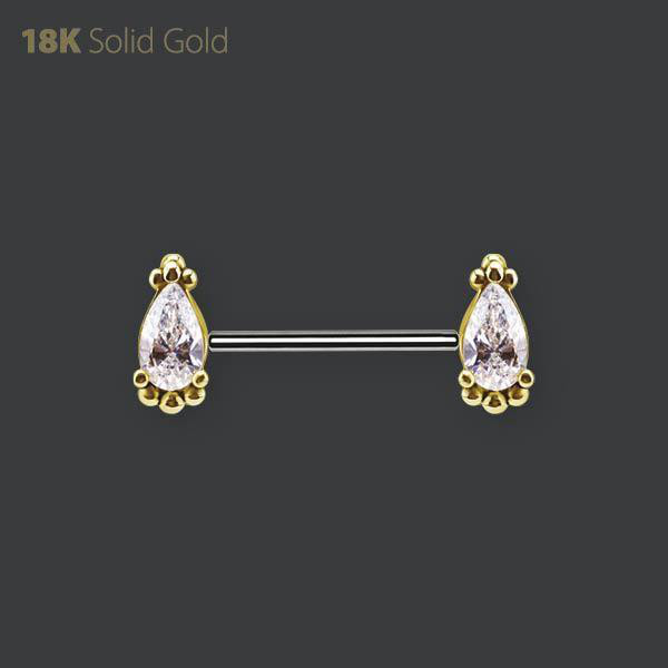 18K GOLD AND TITANIUM THREADLESS NIPPLE BARBEL SET WITH PREMIUM ZIRCONIA