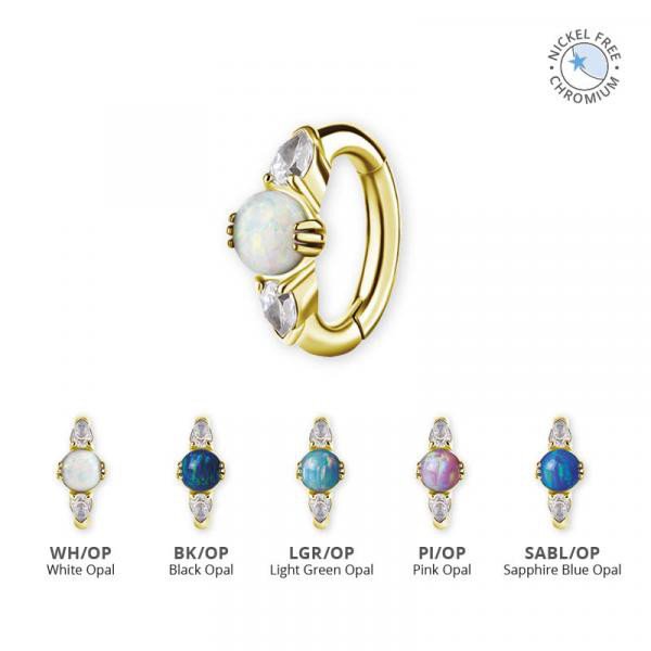 18K GOLD PVD CoCr NF OVAL BELLY CLICKER SET W. LAB CREATED OPAL & PREMIUM ZIRCONIA