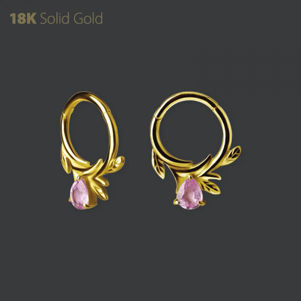 18K GOLD HINGED DAITH CLICKER SET W. PEAR SHAPE GENUINE PINK SAPPHIRE