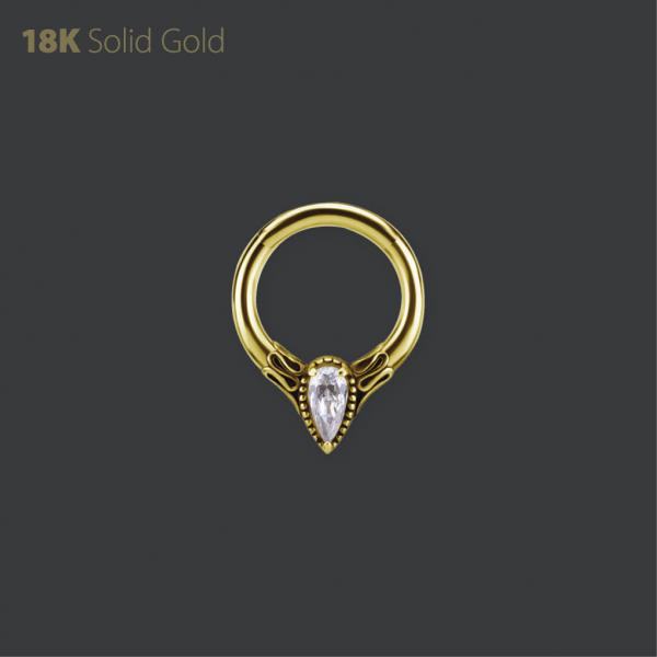 18K GOLD DAITH & SEPTUM CLICKER SET W. PEAR SHAPE PREMIUM ZIRCONIA