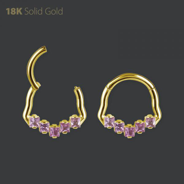 18K GOLD HINGED DAITH CLICKER SET W. SQUARE GENUINE PINK SAPPHIRE