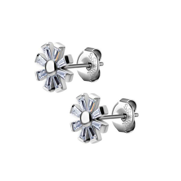SS316L FLOWER EAR STUDS SET W. TAPERED CUBIC ZIRCONIA (PAIR)