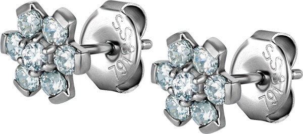 SS316L CASTING FLOWER EARSTUDS W.CUBIC ZIRCONIA PRONG SETTING (PAIR)