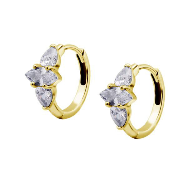 24K GOLD PVD SS316L EAR HOOPS SET W. MARQUISE CUBIC ZIRCONIA (PAIR)