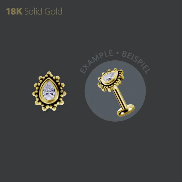 18K GOLD THREADLESS TRIBAL ATTACHMENT SET W. PEAR SHAPE PREMIUM ZIRCONIA