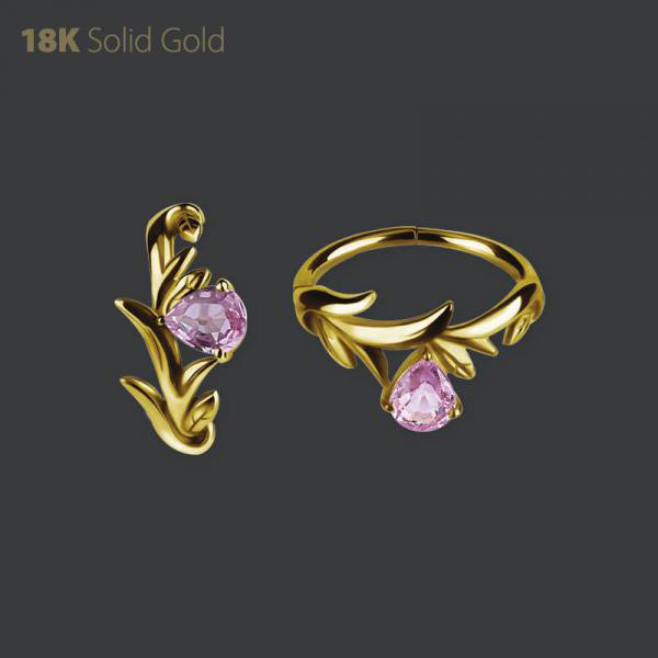 18K GOLD HINGED CONCH RING SET W. PEAR SHAPE GENUINE PINK SAPPHIRE