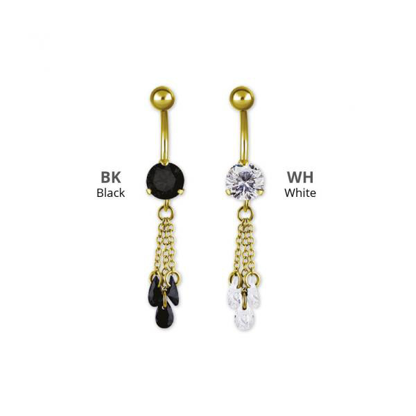 GOLD PVD SS316L MINI BELLY BANANA W. CHAIN FLOATING ZIRCONIA DANGLE