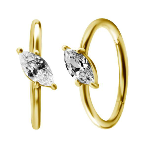 24K GOLD PVD SS316L HINGED CONCH RING SET W. MARQUISE CUBIC ZIRCONIA