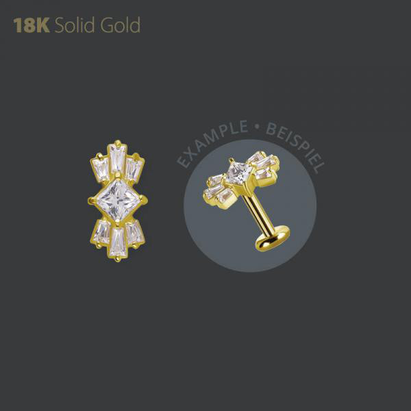 18K GOLD THREADLESS ATTACHMENT SET W. TAPPER BAGUETTE PREMIUM ZIRCONIA