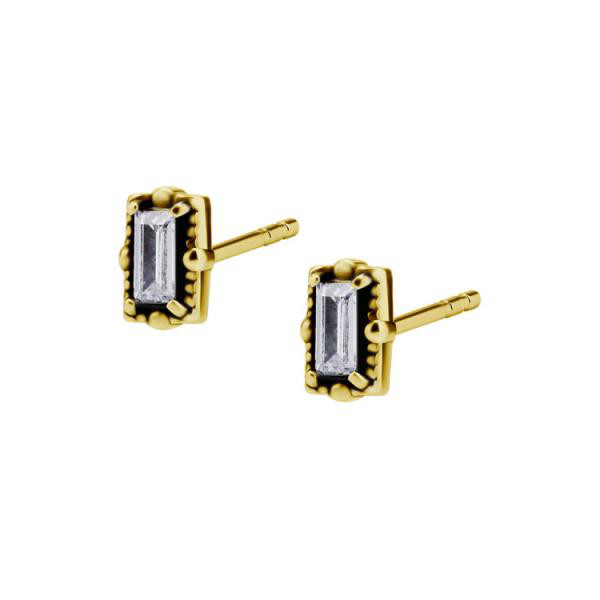 24K GOLD PVD SS316L STUDS W.BAGUETTE SETTING W.GRANULATION DETAIL (OXIDATION) (PAIR)