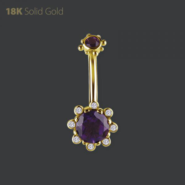 18K GOLD INTERNAL BELLY BANANA SET W. GENUINE DARK AMETHYST