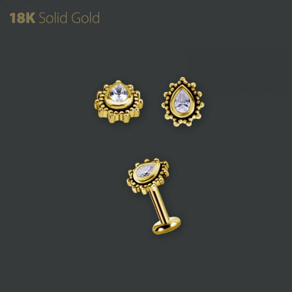 18K GOLD INTERNAL TRIBAL MICRO ATTACHMENT SET W. PEAR SHAPE PREMIUM ZIRCONIA